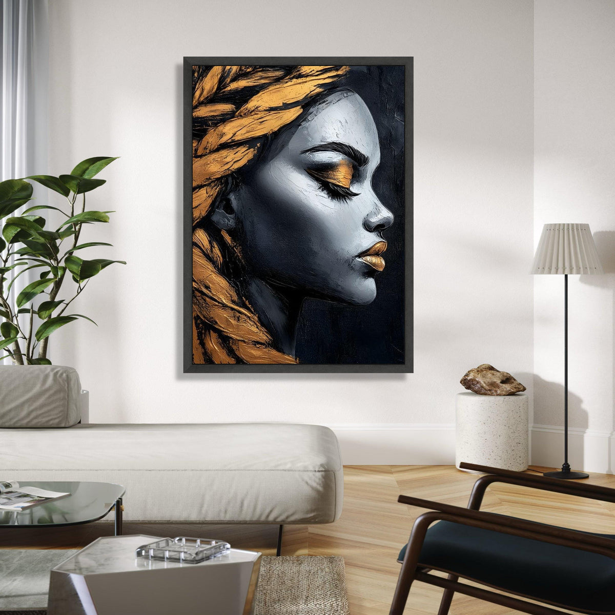 Elegant Female Profile Canvas, Modern Portrait Wall Art, Gold and Black Abstract Face, Canvas Decoration, Gift Art, Home Decor, Print