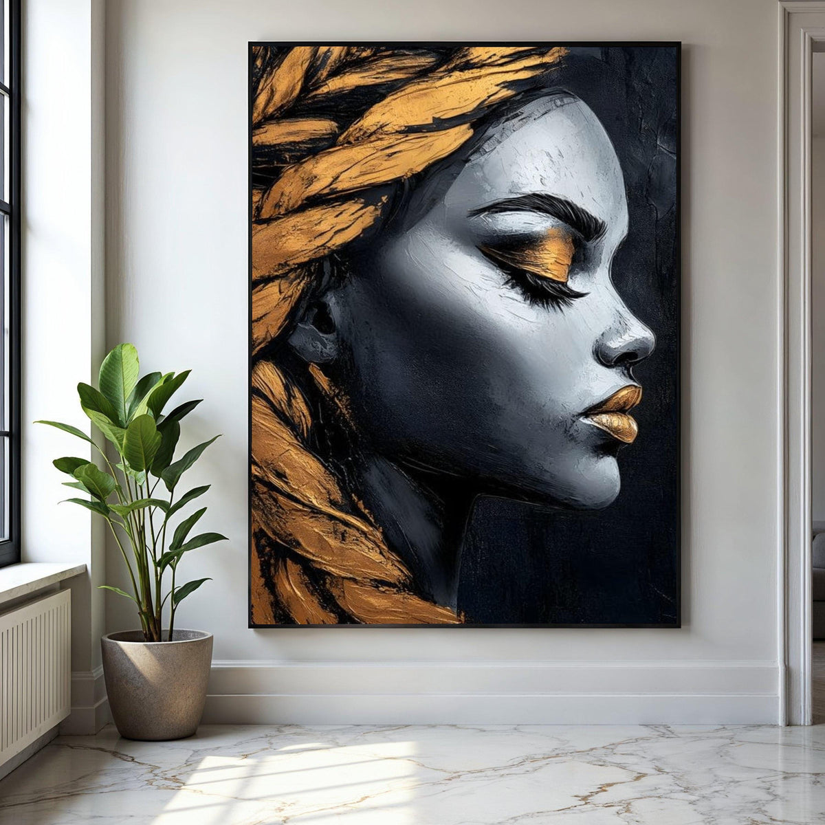 Elegant Female Profile Canvas, Modern Portrait Wall Art, Gold and Black Abstract Face, Canvas Decoration, Gift Art, Home Decor, Print