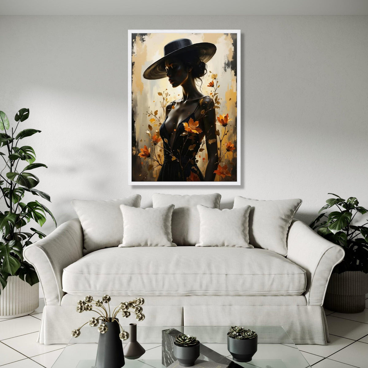 Elegant Woman in Wide Brim Hat Canvas, Feminine Portrait Wall Art, Autumn Flowers Design, Modern Fashion Canvas, Gift Art, Home Decor, Print