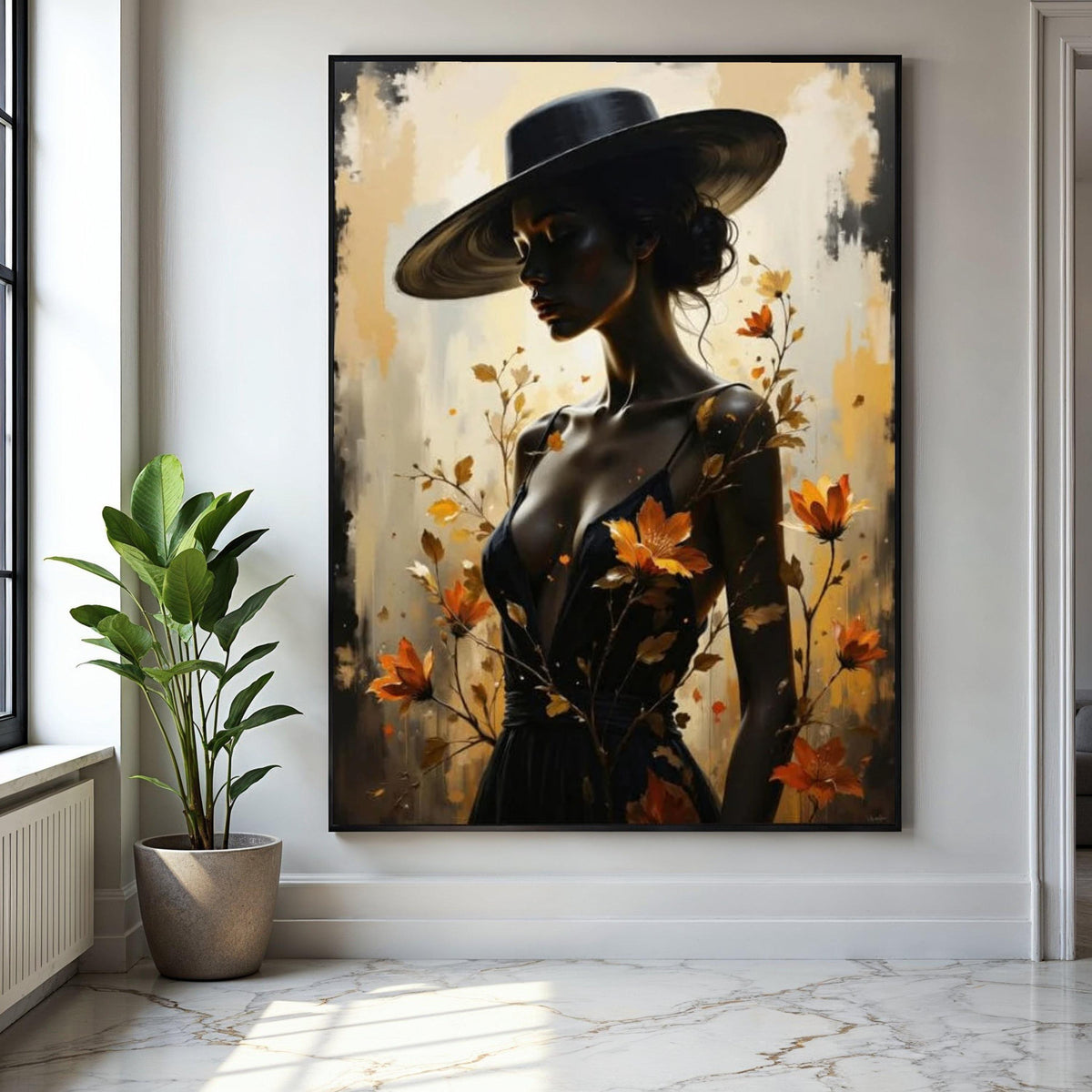 Elegant Woman in Wide Brim Hat Canvas, Feminine Portrait Wall Art, Autumn Flowers Design, Modern Fashion Canvas, Gift Art, Home Decor, Print