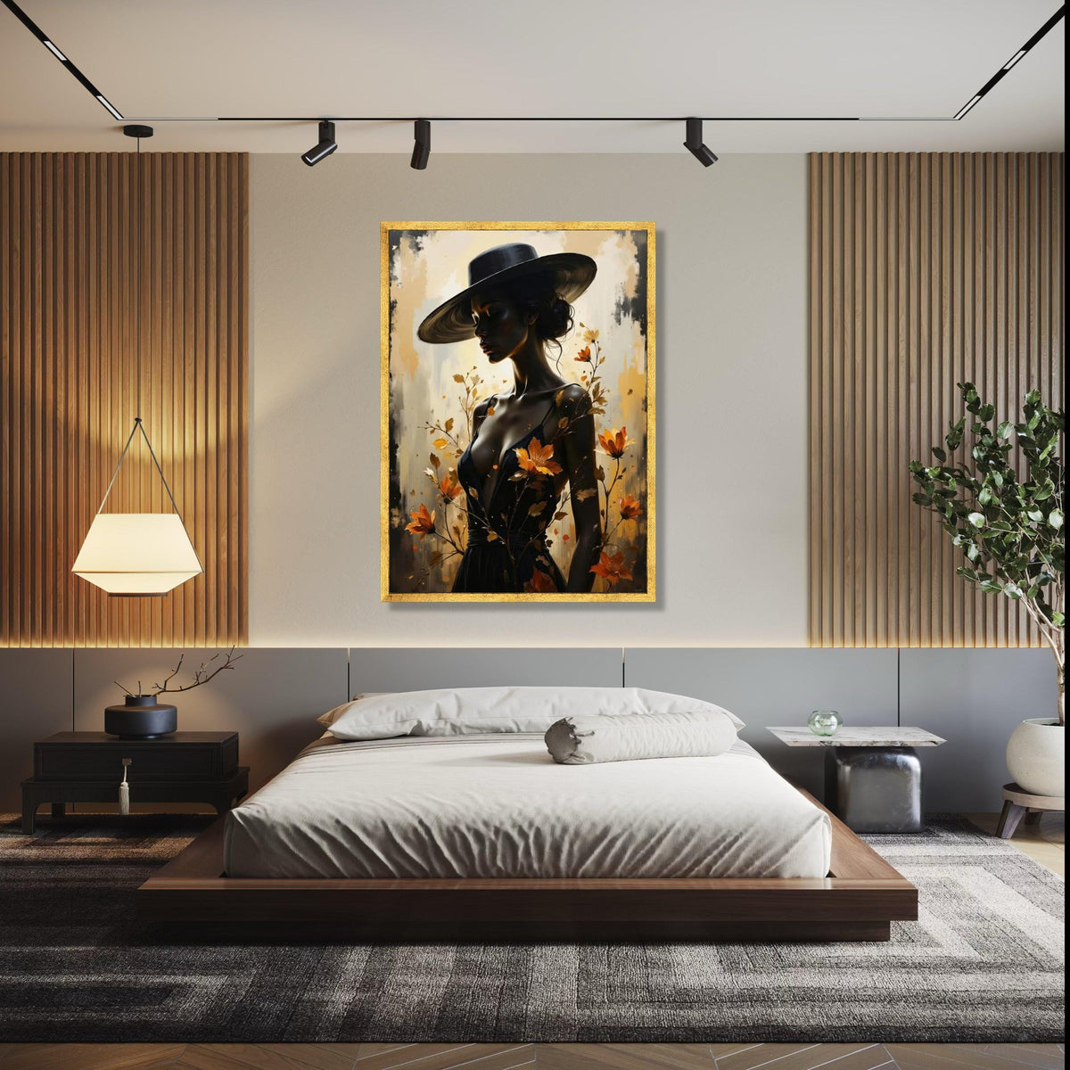 Elegant Woman in Wide Brim Hat Canvas, Feminine Portrait Wall Art, Autumn Flowers Design, Modern Fashion Canvas, Gift Art, Home Decor, Print