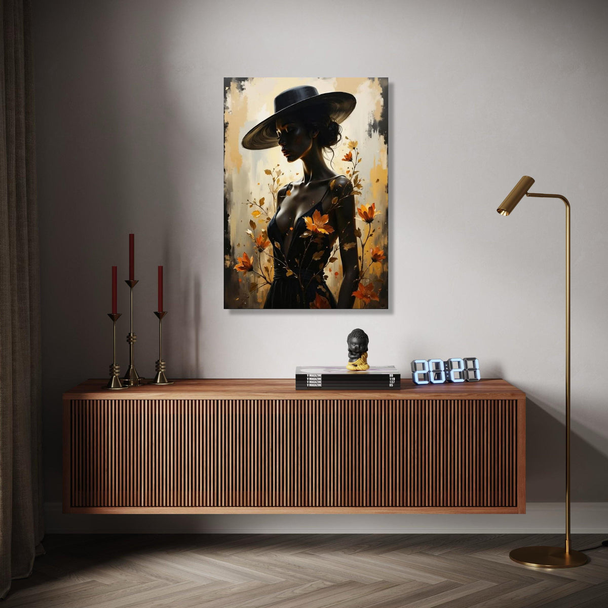 Elegant Woman in Wide Brim Hat Canvas, Feminine Portrait Wall Art, Autumn Flowers Design, Modern Fashion Canvas, Gift Art, Home Decor, Print