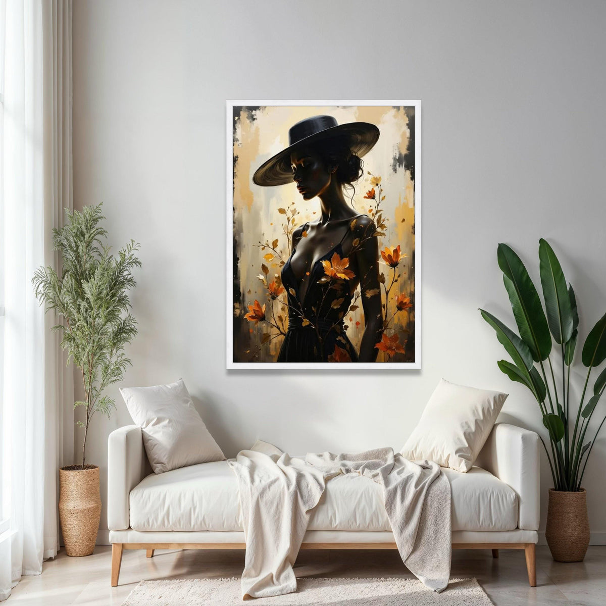 Elegant Woman in Wide Brim Hat Canvas, Feminine Portrait Wall Art, Autumn Flowers Design, Modern Fashion Canvas, Gift Art, Home Decor, Print