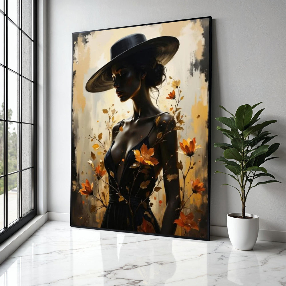 Elegant Woman in Wide Brim Hat Canvas, Feminine Portrait Wall Art, Autumn Flowers Design, Modern Fashion Canvas, Gift Art, Home Decor, Print
