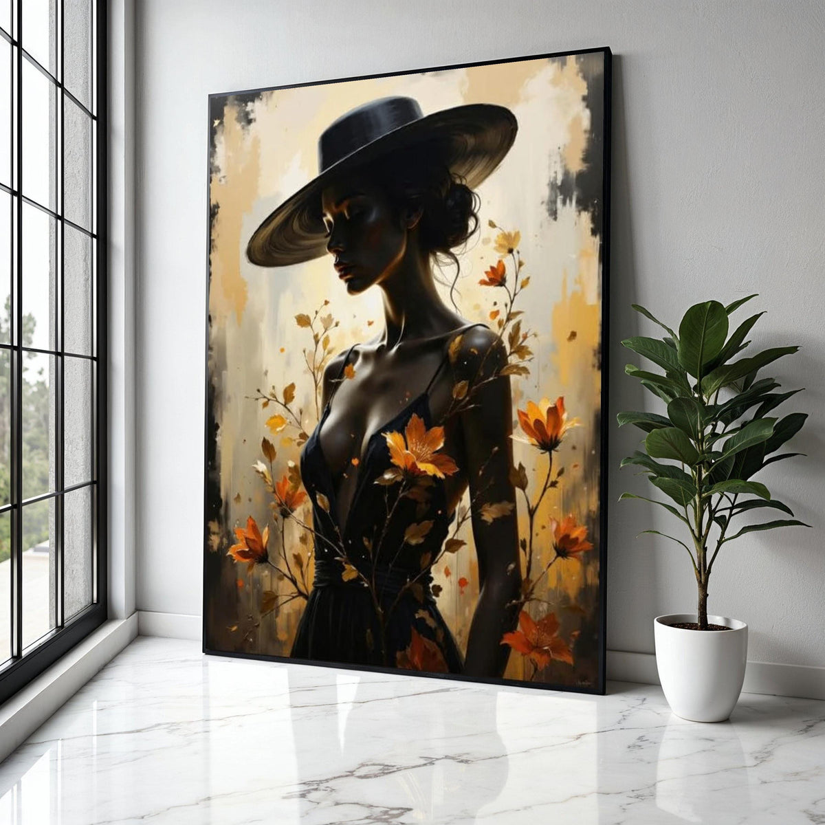 Elegant Woman in Wide Brim Hat Canvas, Feminine Portrait Wall Art, Autumn Flowers Design, Modern Fashion Canvas, Gift Art, Home Decor, Print
