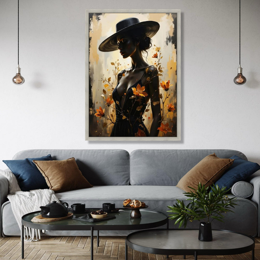 Elegant Woman in Wide Brim Hat Canvas, Feminine Portrait Wall Art, Autumn Flowers Design, Modern Fashion Canvas, Gift Art, Home Decor, Print
