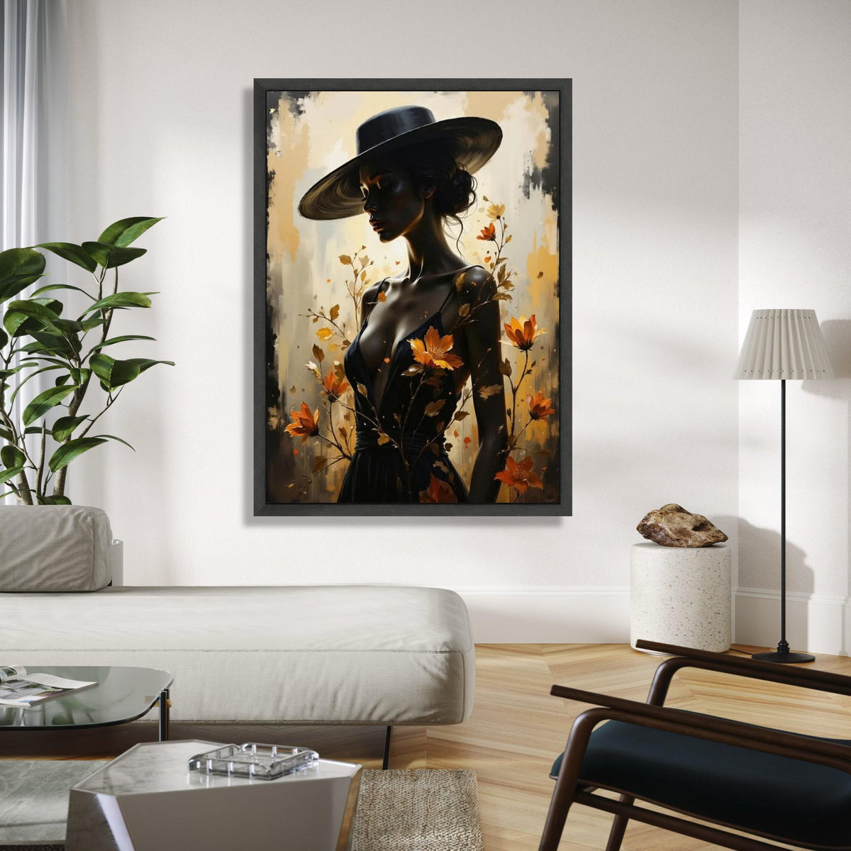 Elegant Woman in Wide Brim Hat Canvas, Feminine Portrait Wall Art, Autumn Flowers Design, Modern Fashion Canvas, Gift Art, Home Decor, Print