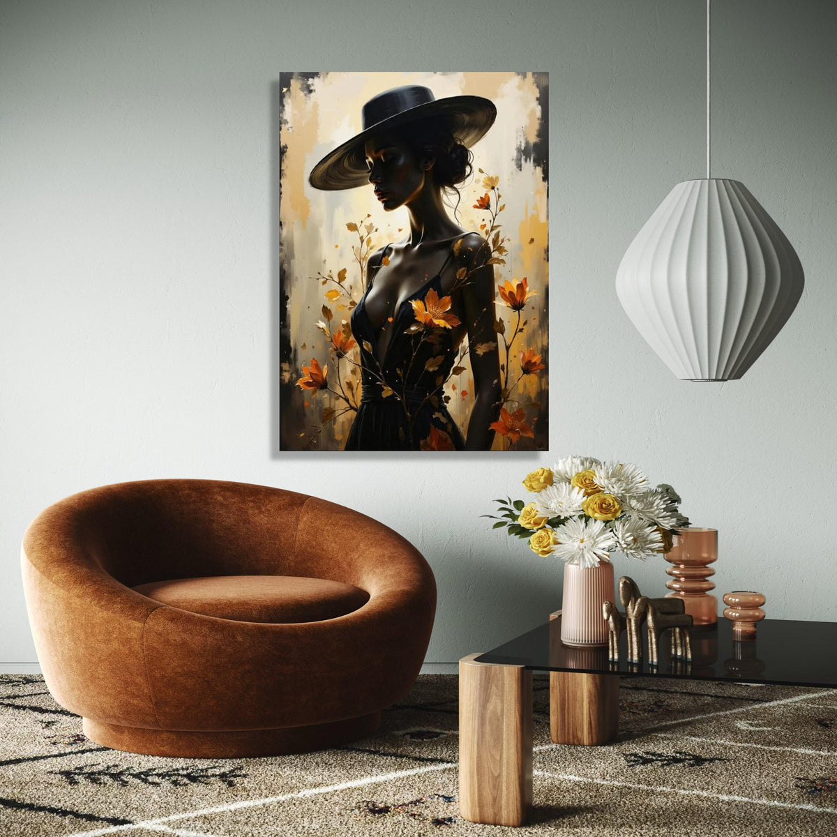 Elegant Woman in Wide Brim Hat Canvas, Feminine Portrait Wall Art, Autumn Flowers Design, Modern Fashion Canvas, Gift Art, Home Decor, Print