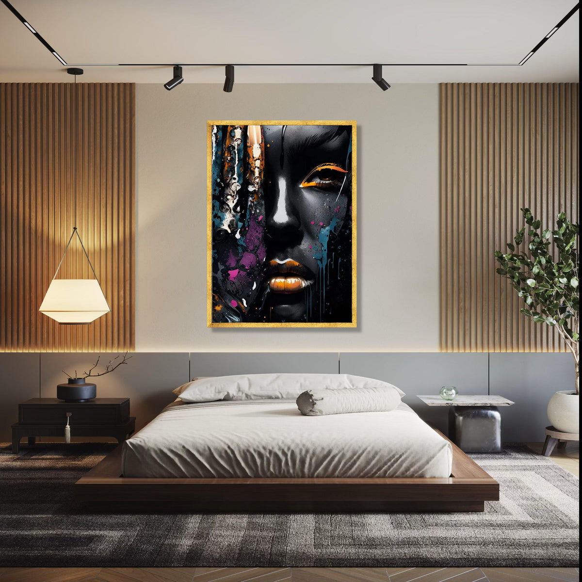 Abstract Afro Woman Portrait Canvas, Modern Urban Art, Black and Gold Face Paint, Color Splash Wall Decor, Gift Art, Home Decor, Print