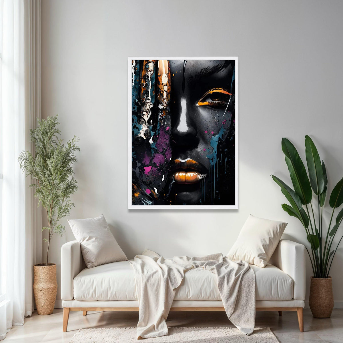 Abstract Afro Woman Portrait Canvas, Modern Urban Art, Black and Gold Face Paint, Color Splash Wall Decor, Gift Art, Home Decor, Print