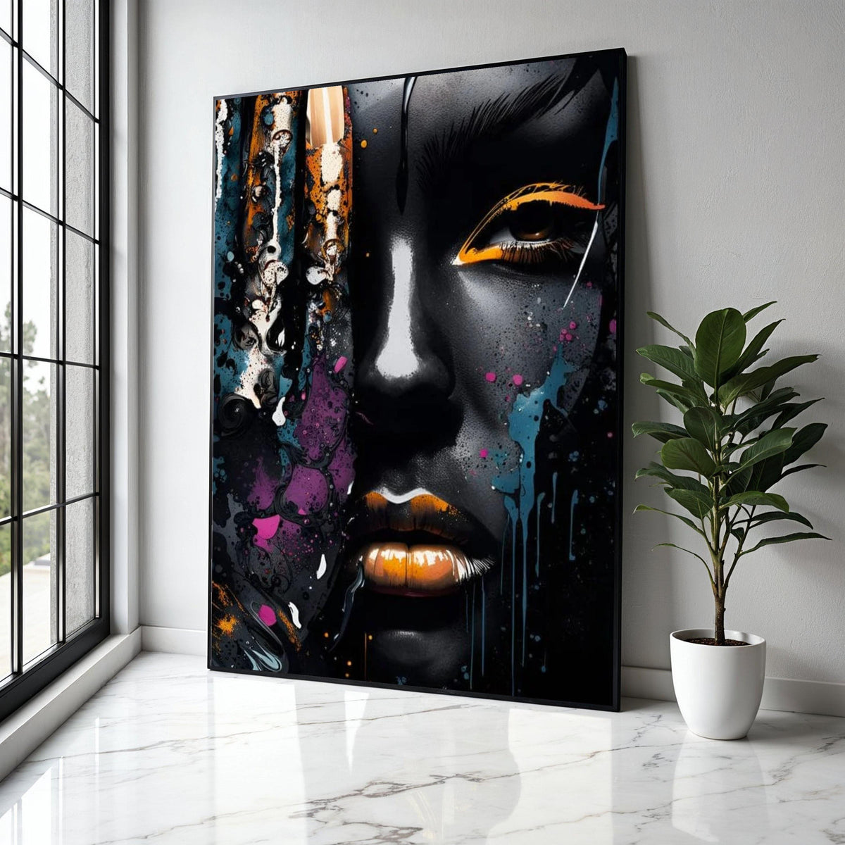 Abstract Afro Woman Portrait Canvas, Modern Urban Art, Black and Gold Face Paint, Color Splash Wall Decor, Gift Art, Home Decor, Print