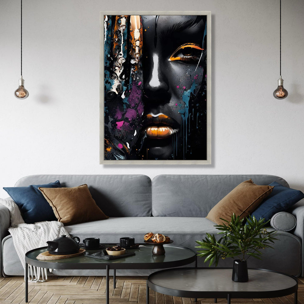 Abstract Afro Woman Portrait Canvas, Modern Urban Art, Black and Gold Face Paint, Color Splash Wall Decor, Gift Art, Home Decor, Print