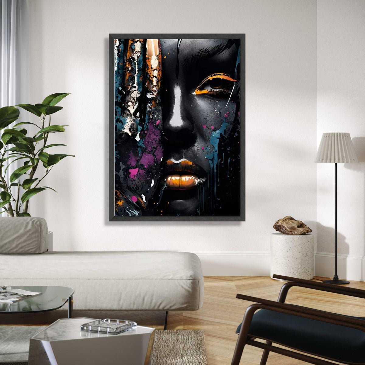 Abstract Afro Woman Portrait Canvas, Modern Urban Art, Black and Gold Face Paint, Color Splash Wall Decor, Gift Art, Home Decor, Print