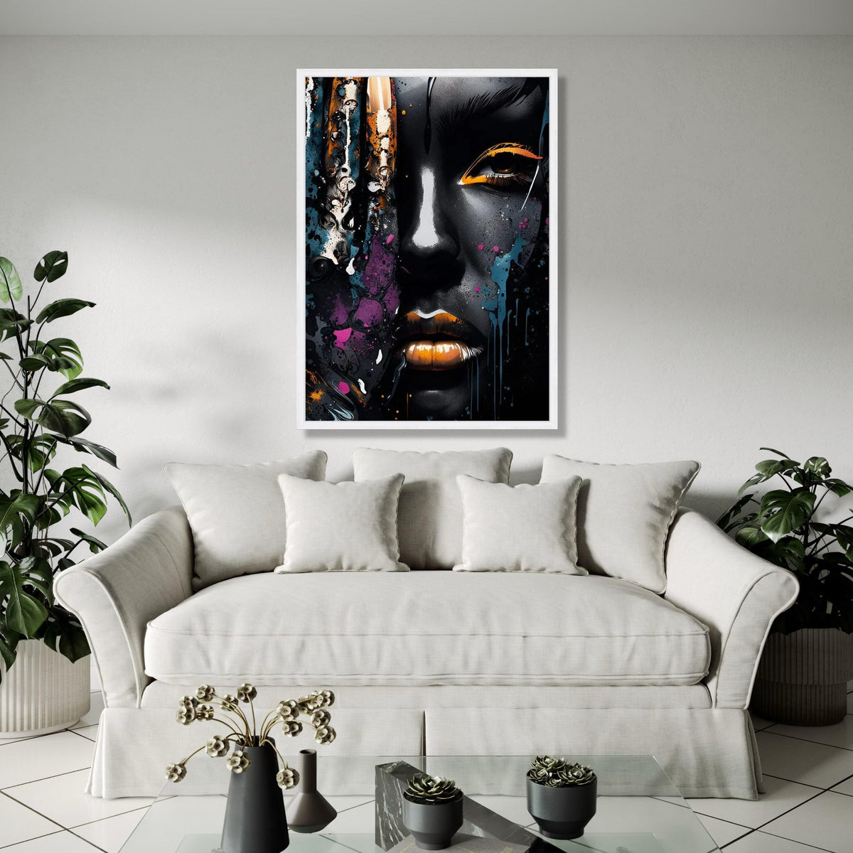 Abstract Afro Woman Portrait Canvas, Modern Urban Art, Black and Gold Face Paint, Color Splash Wall Decor, Gift Art, Home Decor, Print