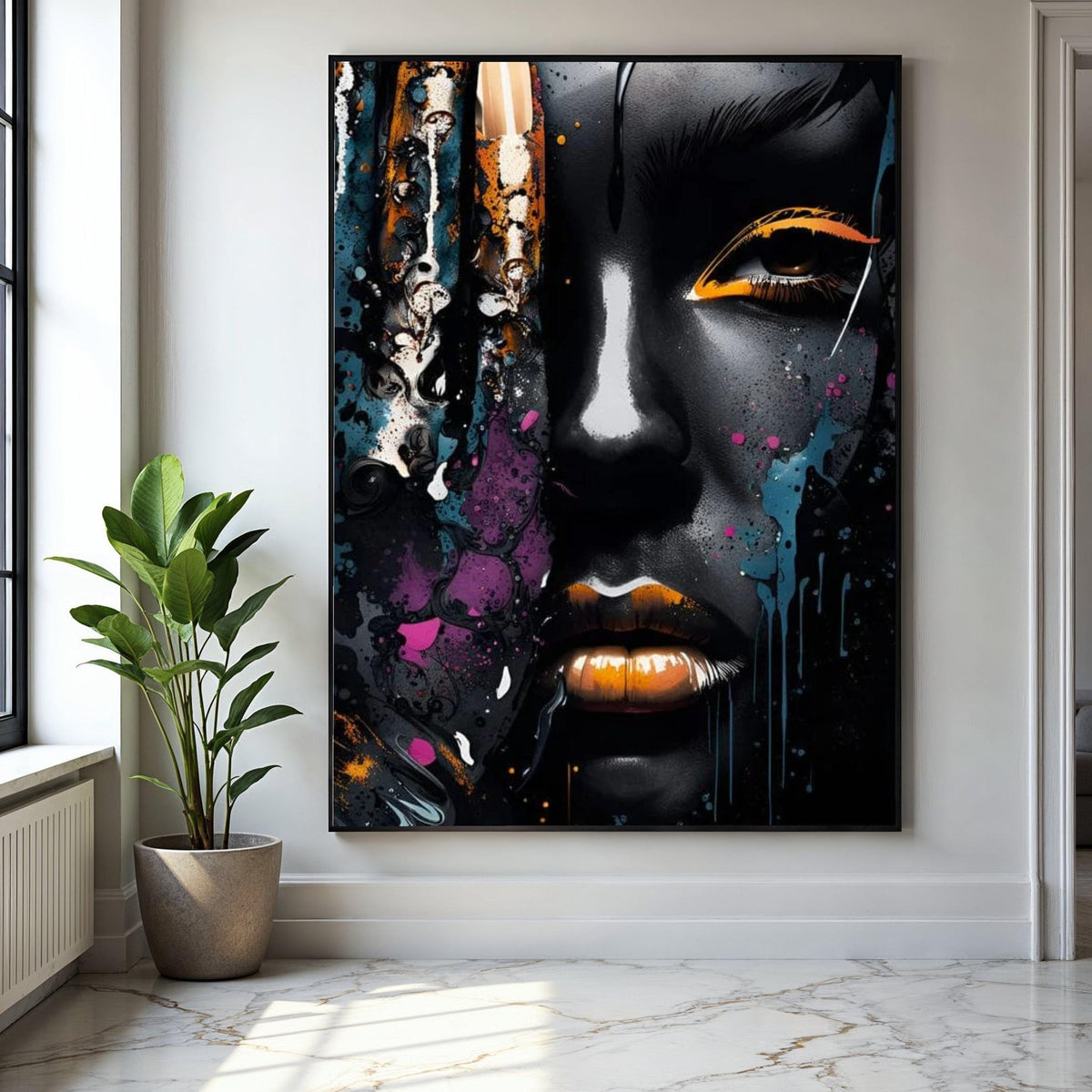 Abstract Afro Woman Portrait Canvas, Modern Urban Art, Black and Gold Face Paint, Color Splash Wall Decor, Gift Art, Home Decor, Print