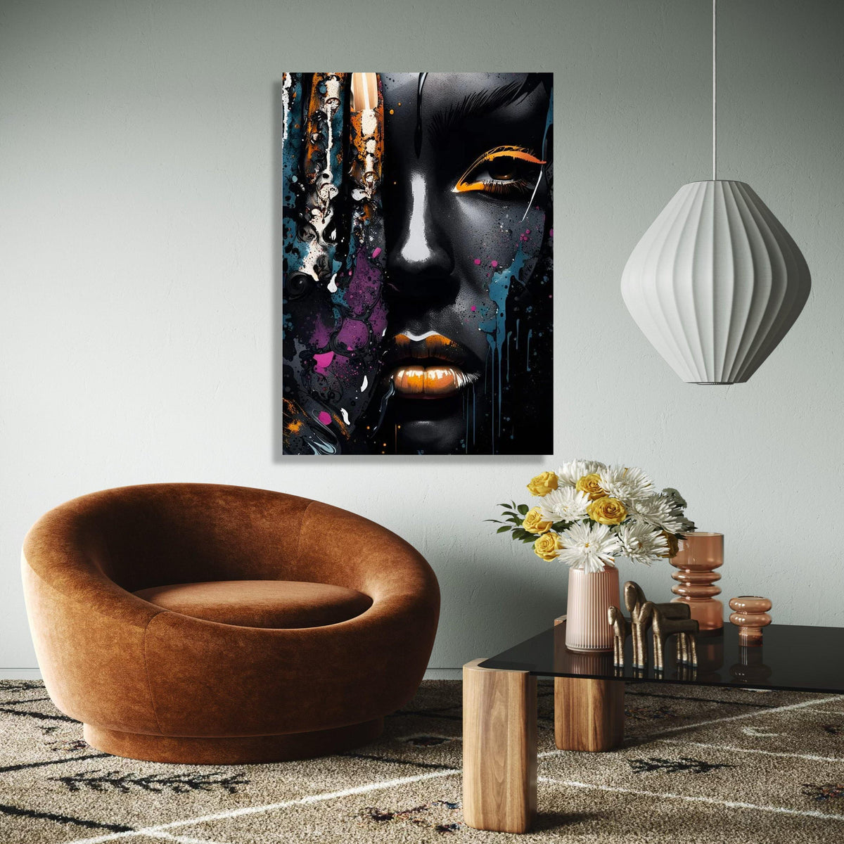 Abstract Afro Woman Portrait Canvas, Modern Urban Art, Black and Gold Face Paint, Color Splash Wall Decor, Gift Art, Home Decor, Print