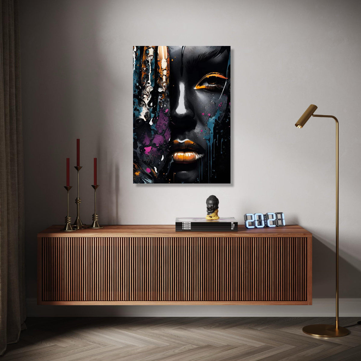 Abstract Afro Woman Portrait Canvas, Modern Urban Art, Black and Gold Face Paint, Color Splash Wall Decor, Gift Art, Home Decor, Print