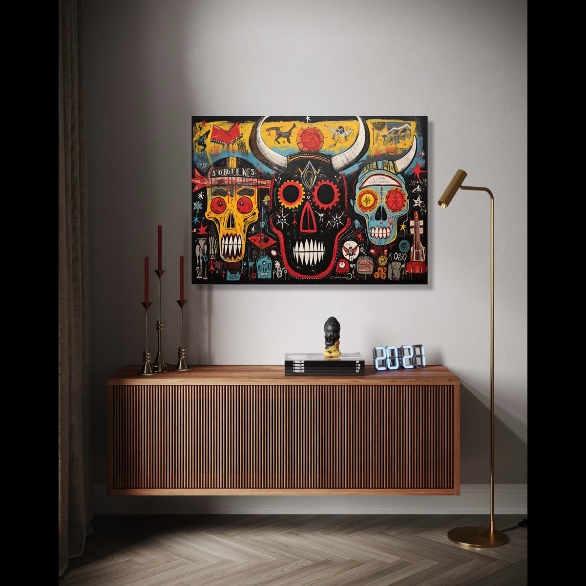 Abstract Tribal Skull Canvas Wall Art, Modern Urban Graffiti Style, Colorful Horned Skull Painting, Contemporary Gift Art, Home Decor, Print