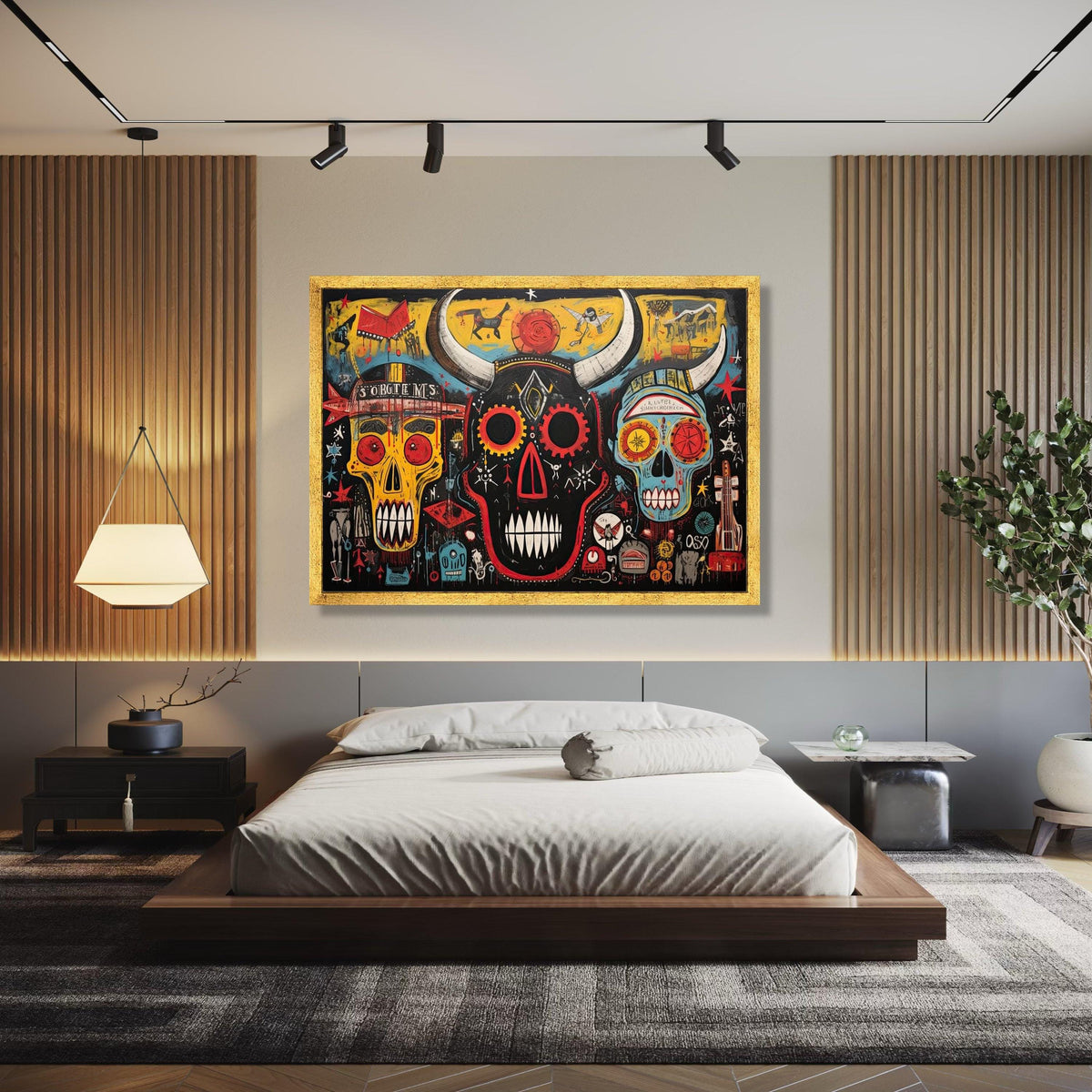 Abstract Tribal Skull Canvas Wall Art, Modern Urban Graffiti Style, Colorful Horned Skull Painting, Contemporary Gift Art, Home Decor, Print
