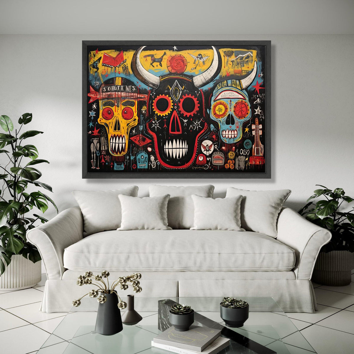 Abstract Tribal Skull Canvas Wall Art, Modern Urban Graffiti Style, Colorful Horned Skull Painting, Contemporary Gift Art, Home Decor, Print