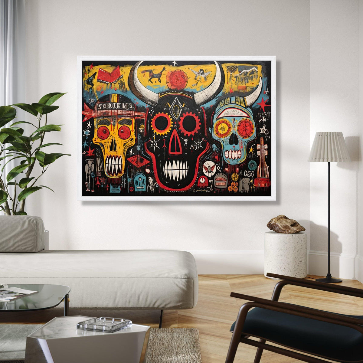 Abstract Tribal Skull Canvas Wall Art, Modern Urban Graffiti Style, Colorful Horned Skull Painting, Contemporary Gift Art, Home Decor, Print