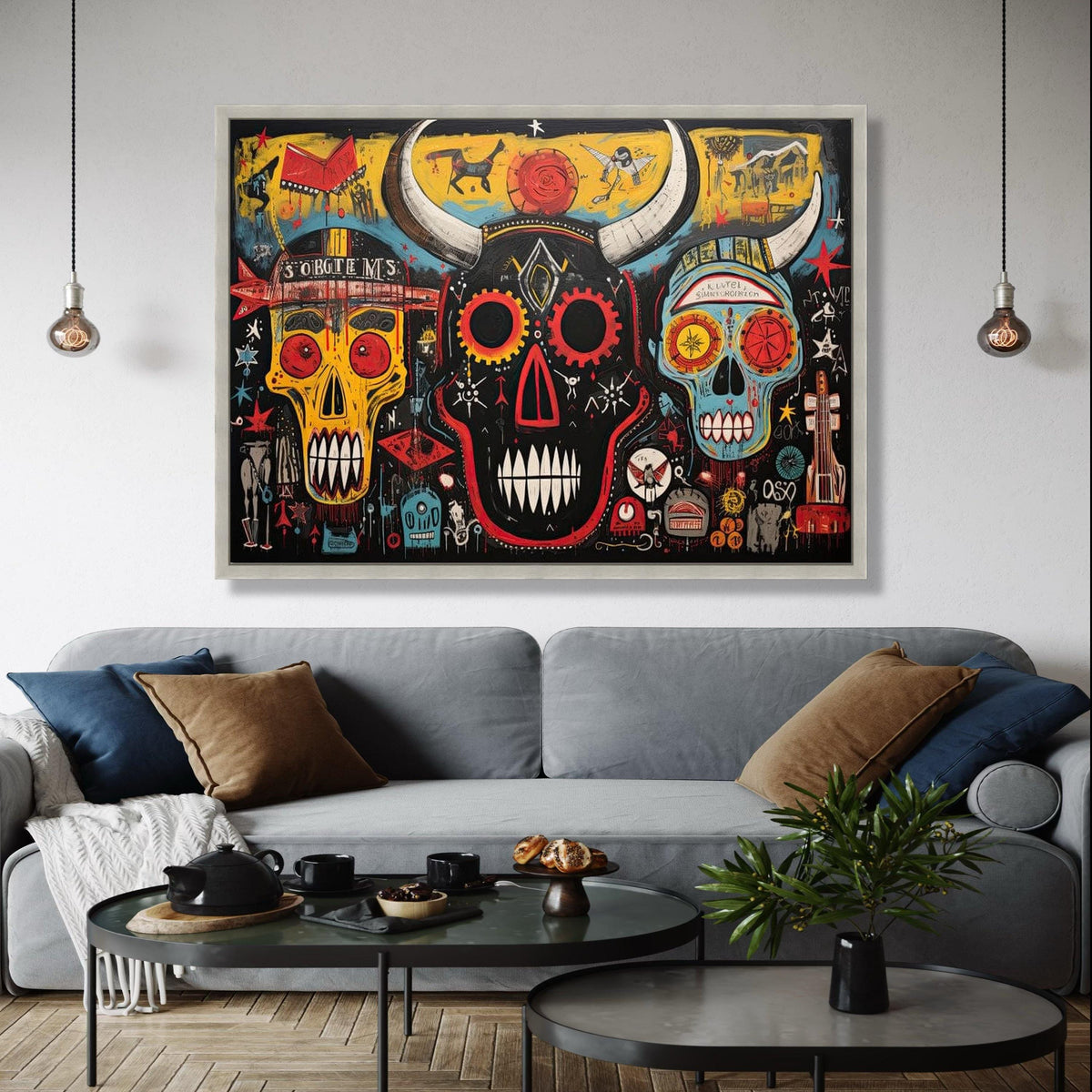 Abstract Tribal Skull Canvas Wall Art, Modern Urban Graffiti Style, Colorful Horned Skull Painting, Contemporary Gift Art, Home Decor, Print