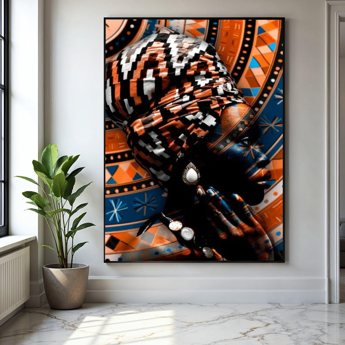 African Woman Portrait Canvas, Tribal Headwrap Wall Art, Ethnic Pattern Canvas, Modern Cultural Decor, Vibrant Gift Art, Home Decor, Print