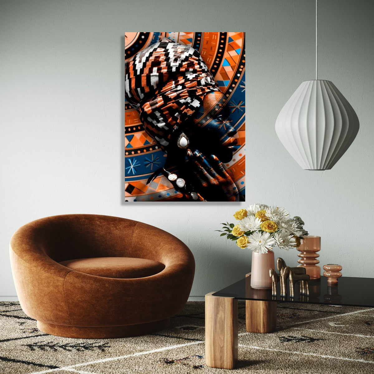 African Woman Portrait Canvas, Tribal Headwrap Wall Art, Ethnic Pattern Canvas, Modern Cultural Decor, Vibrant Gift Art, Home Decor, Print