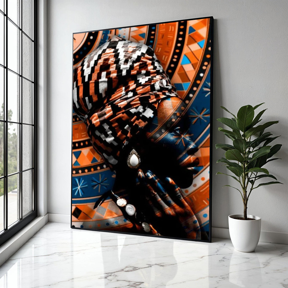 African Woman Portrait Canvas, Tribal Headwrap Wall Art, Ethnic Pattern Canvas, Modern Cultural Decor, Vibrant Gift Art, Home Decor, Print