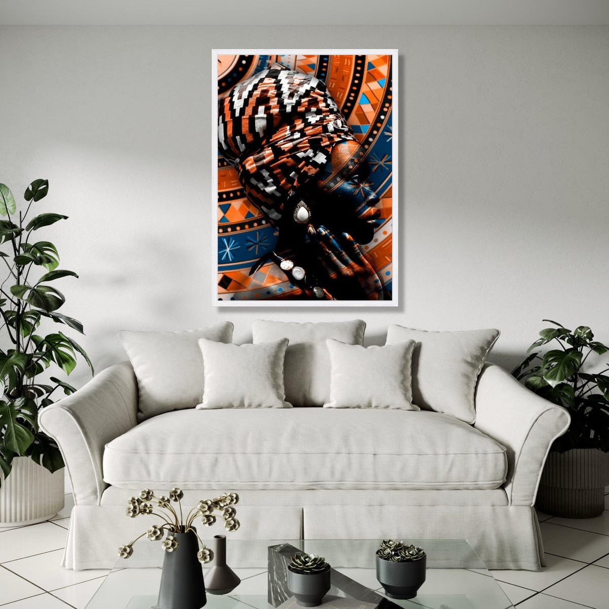 African Woman Portrait Canvas, Tribal Headwrap Wall Art, Ethnic Pattern Canvas, Modern Cultural Decor, Vibrant Gift Art, Home Decor, Print
