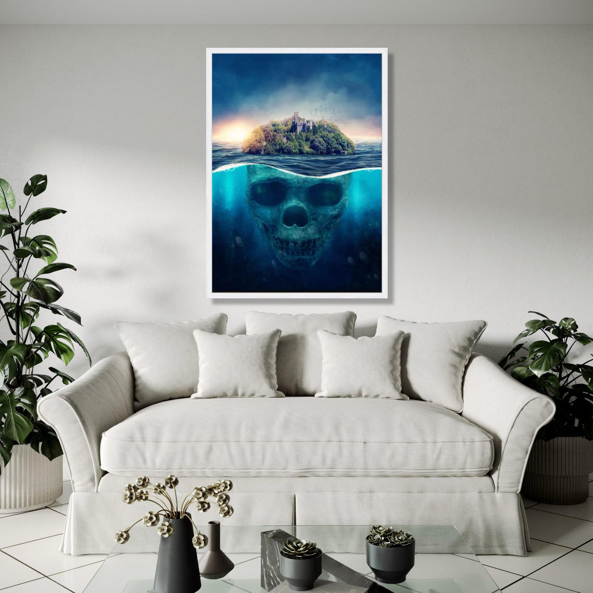 Mysterious Island Skull Underwater Canvas, Fantasy Ocean Art, Surreal Nature Scene, Haunted Fortress Wall Art, Gift Art, Home Decor, Print