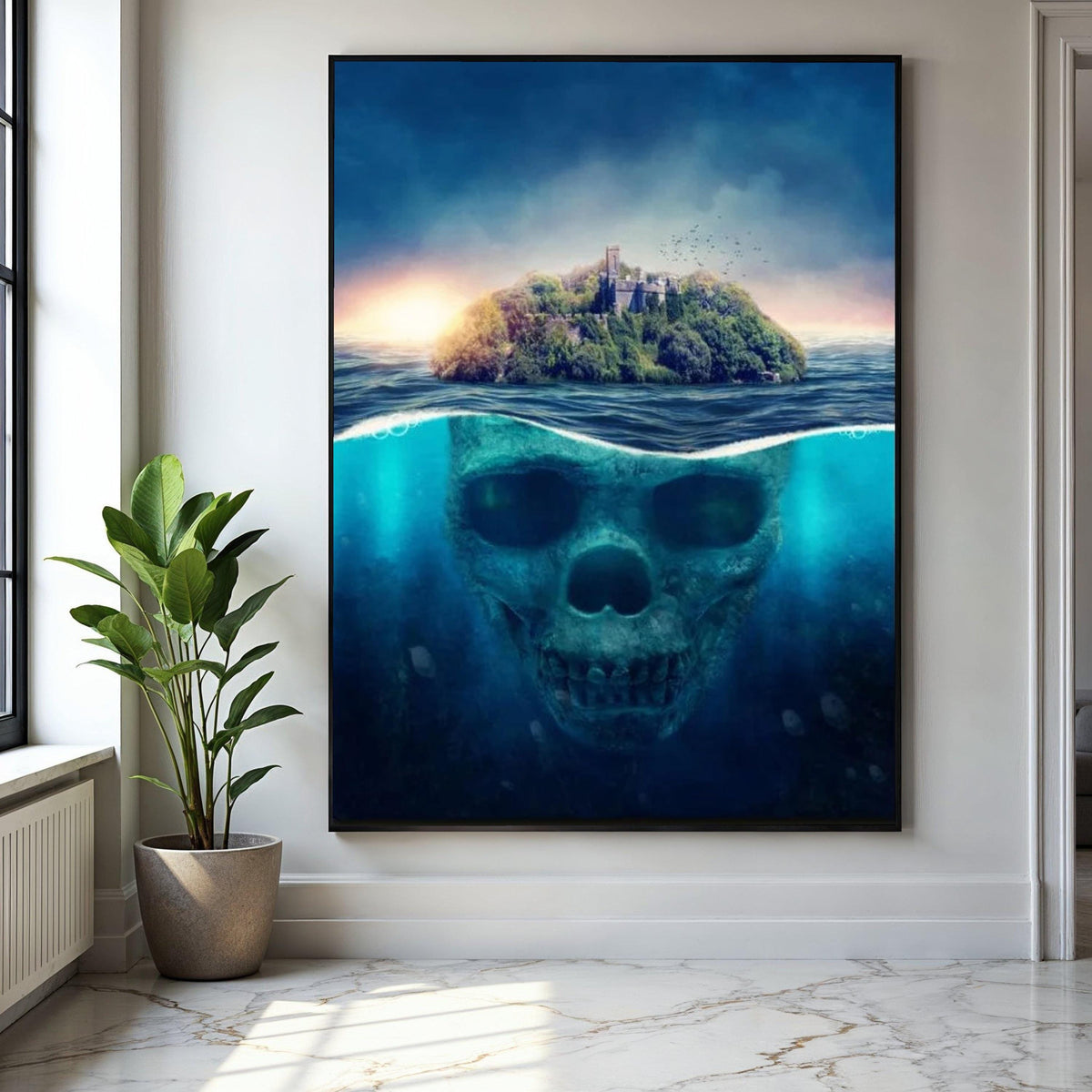 Mysterious Island Skull Underwater Canvas, Fantasy Ocean Art, Surreal Nature Scene, Haunted Fortress Wall Art, Gift Art, Home Decor, Print