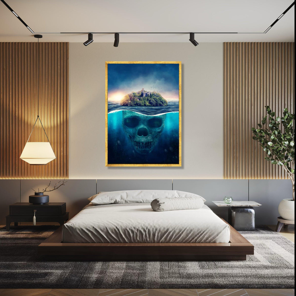 Mysterious Island Skull Underwater Canvas, Fantasy Ocean Art, Surreal Nature Scene, Haunted Fortress Wall Art, Gift Art, Home Decor, Print