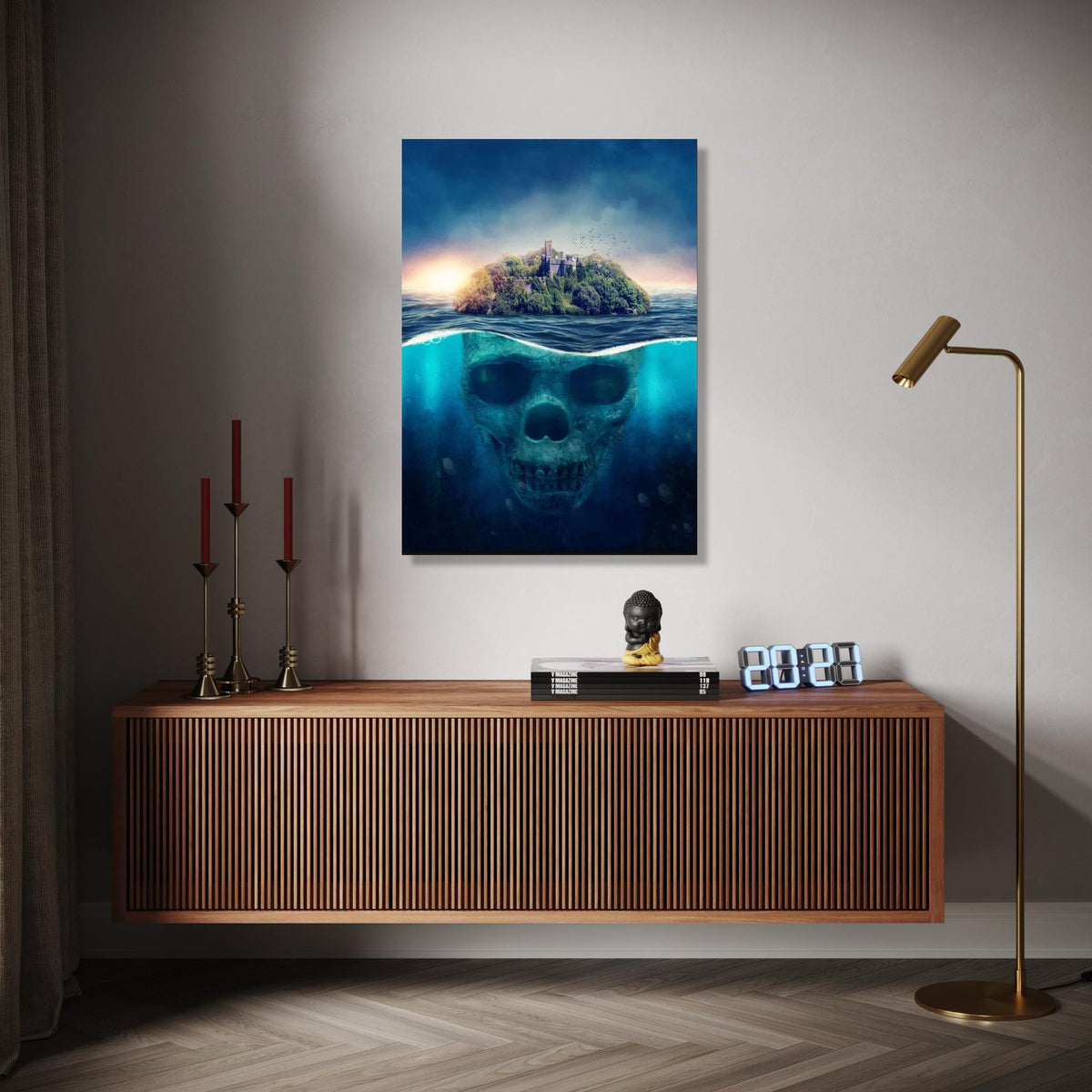 Mysterious Island Skull Underwater Canvas, Fantasy Ocean Art, Surreal Nature Scene, Haunted Fortress Wall Art, Gift Art, Home Decor, Print