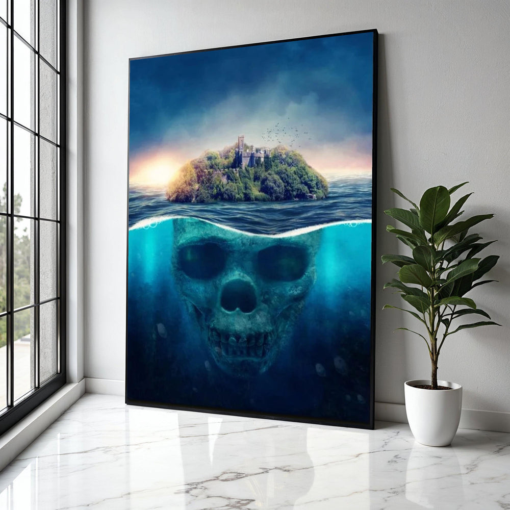 Mysterious Island Skull Underwater Canvas, Fantasy Ocean Art, Surreal Nature Scene, Haunted Fortress Wall Art, Gift Art, Home Decor, Print