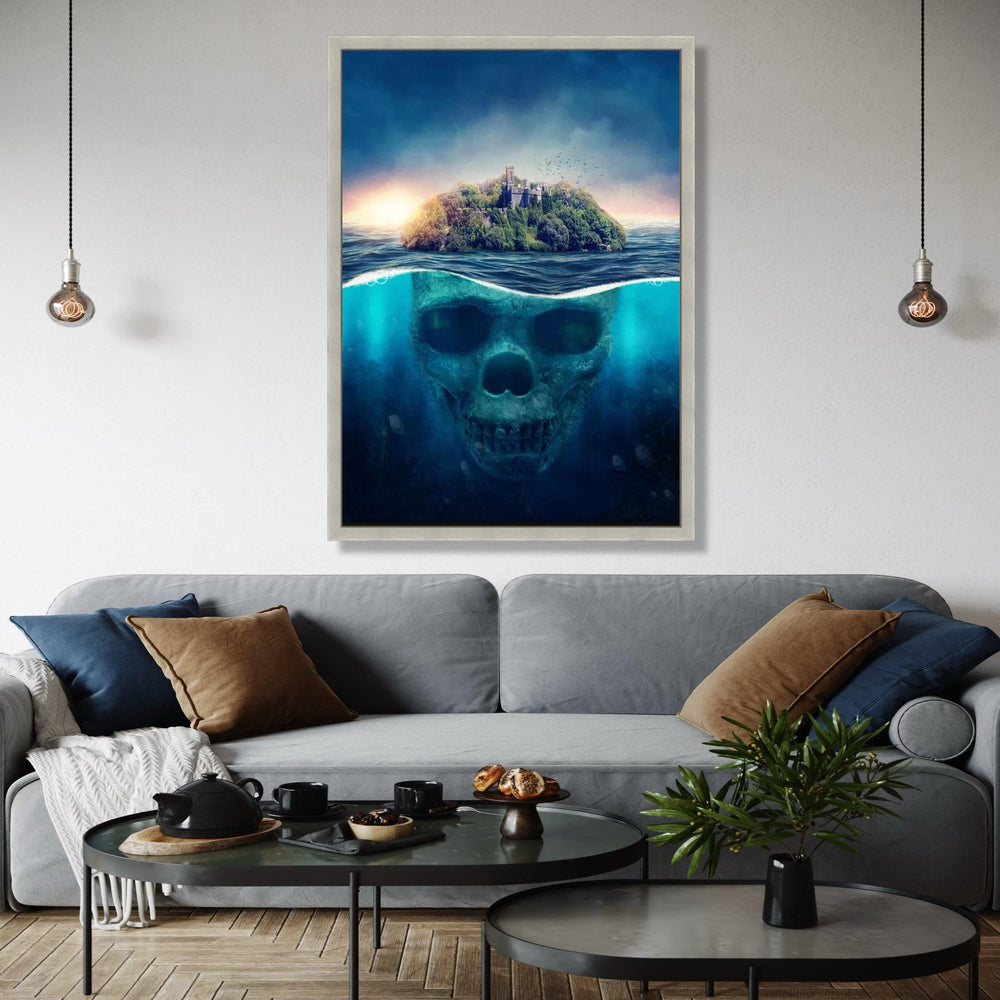 Mysterious Island Skull Underwater Canvas, Fantasy Ocean Art, Surreal Nature Scene, Haunted Fortress Wall Art, Gift Art, Home Decor, Print