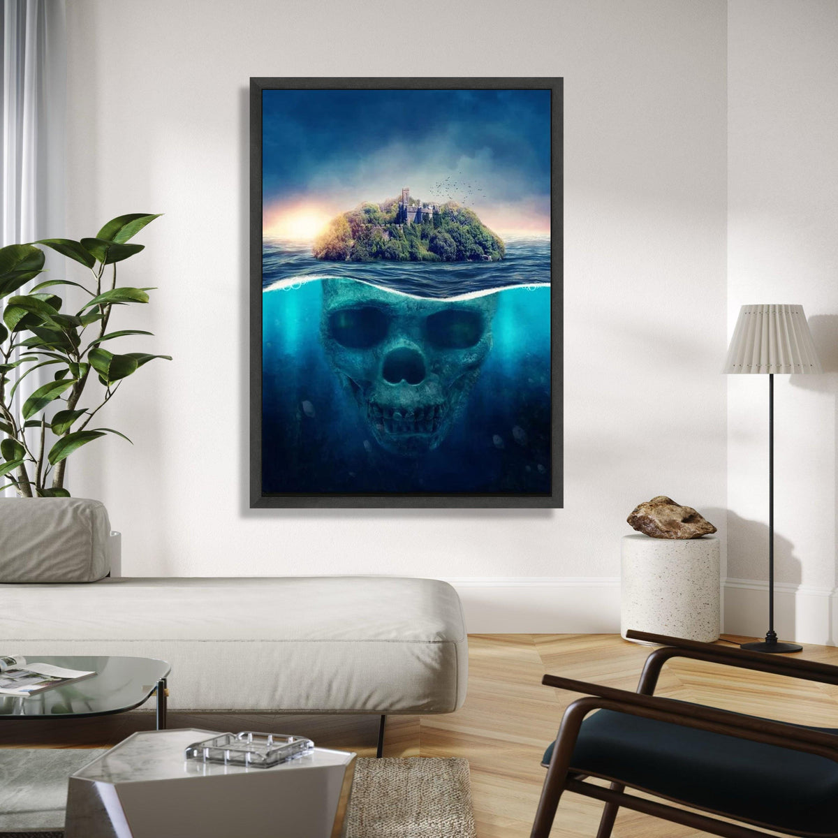 Mysterious Island Skull Underwater Canvas, Fantasy Ocean Art, Surreal Nature Scene, Haunted Fortress Wall Art, Gift Art, Home Decor, Print