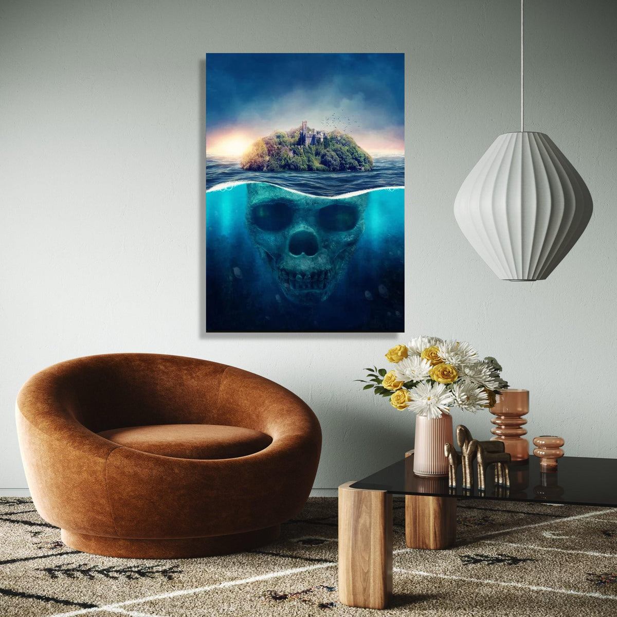 Mysterious Island Skull Underwater Canvas, Fantasy Ocean Art, Surreal Nature Scene, Haunted Fortress Wall Art, Gift Art, Home Decor, Print