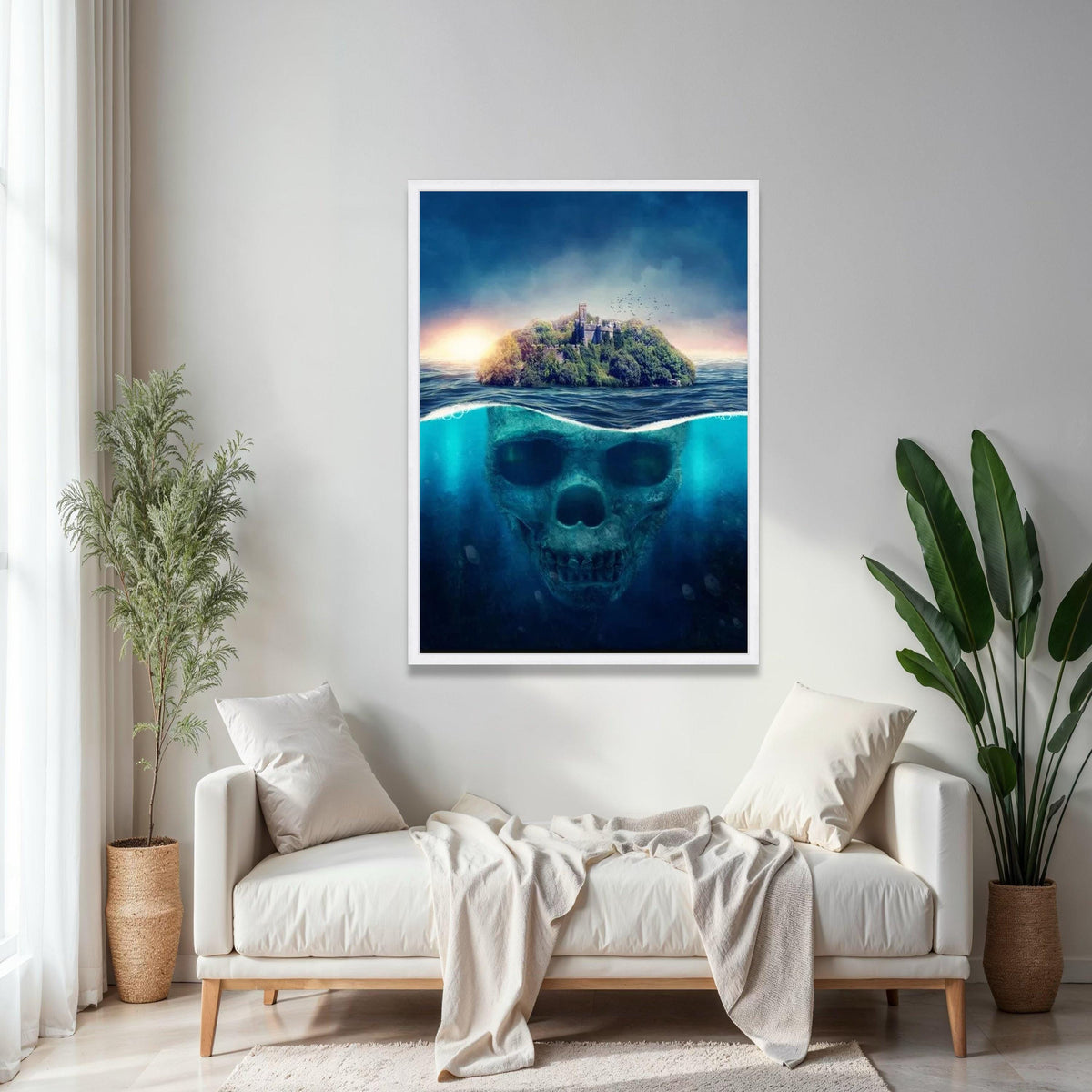 Mysterious Island Skull Underwater Canvas, Fantasy Ocean Art, Surreal Nature Scene, Haunted Fortress Wall Art, Gift Art, Home Decor, Print
