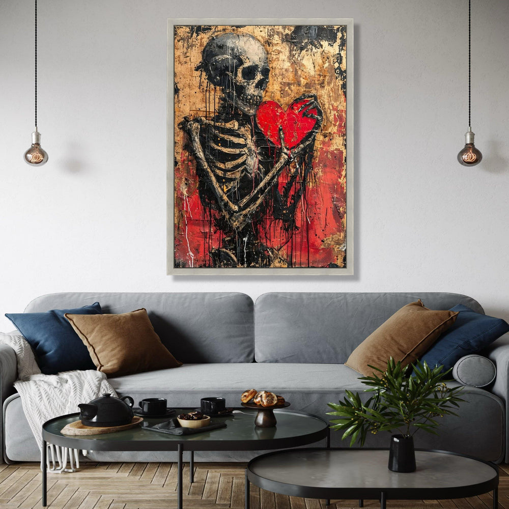 Dark Skeleton Holding Red Heart Canvas, Gothic Wall Art, Distressed Love Theme, Abstract Horror Decor, Edgy Home Gift Art, Home Decor, Print