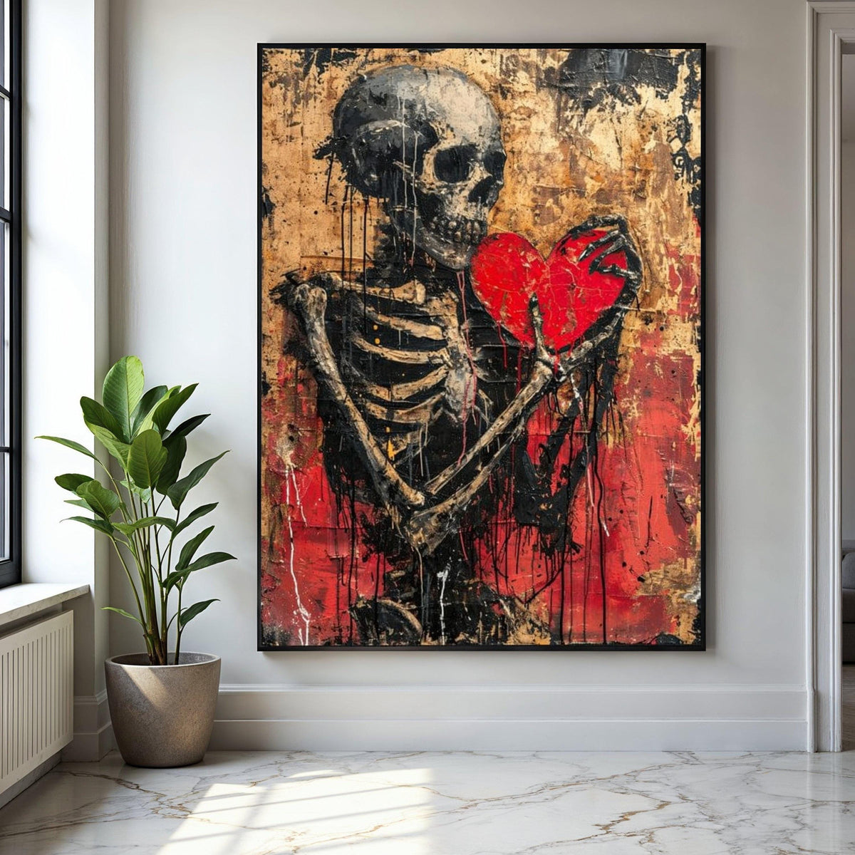 Dark Skeleton Holding Red Heart Canvas, Gothic Wall Art, Distressed Love Theme, Abstract Horror Decor, Edgy Home Gift Art, Home Decor, Print