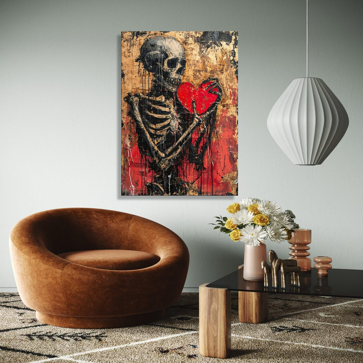 Dark Skeleton Holding Red Heart Canvas, Gothic Wall Art, Distressed Love Theme, Abstract Horror Decor, Edgy Home Gift Art, Home Decor, Print