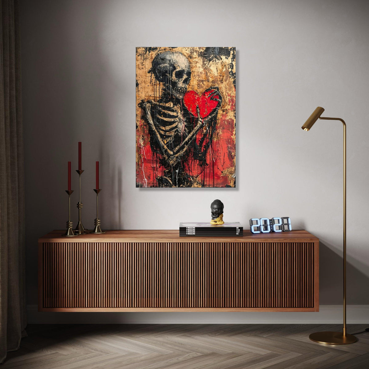 Dark Skeleton Holding Red Heart Canvas, Gothic Wall Art, Distressed Love Theme, Abstract Horror Decor, Edgy Home Gift Art, Home Decor, Print