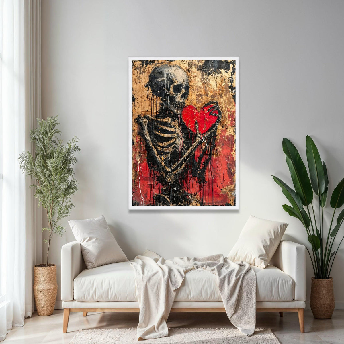 Dark Skeleton Holding Red Heart Canvas, Gothic Wall Art, Distressed Love Theme, Abstract Horror Decor, Edgy Home Gift Art, Home Decor, Print
