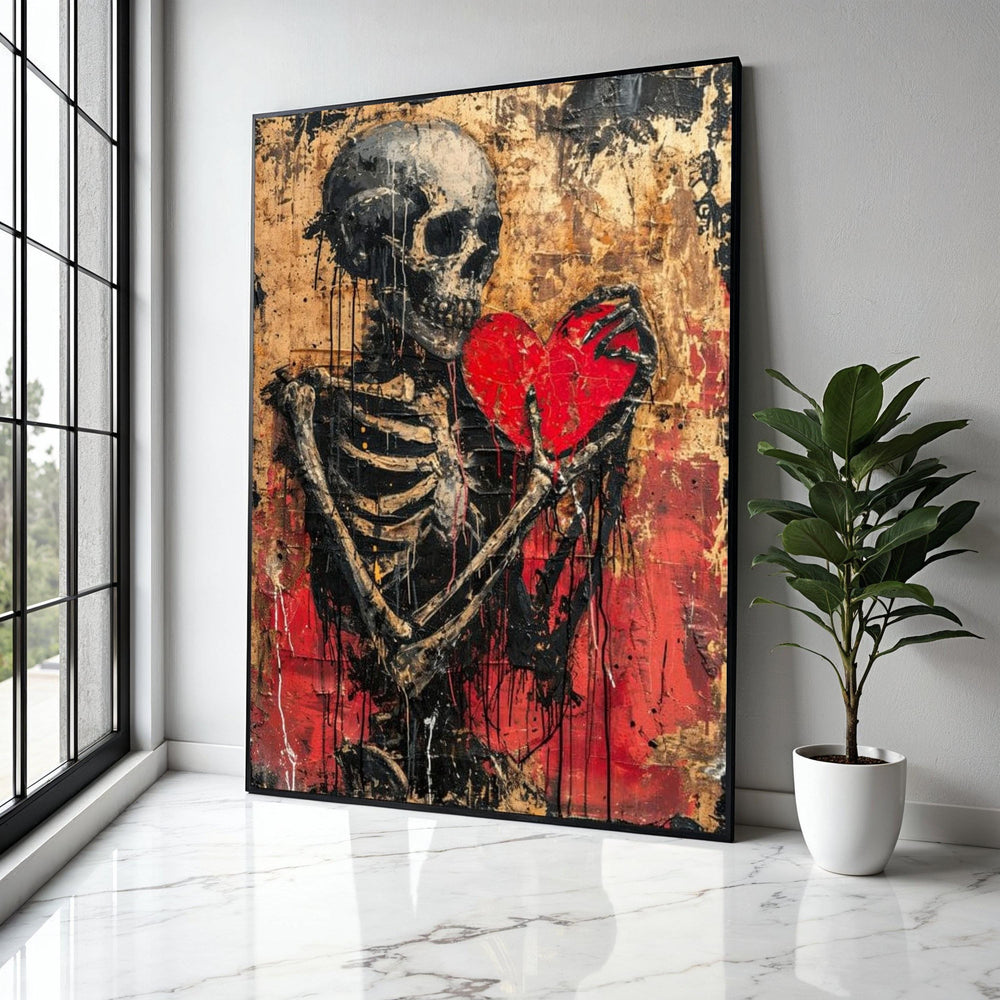 Dark Skeleton Holding Red Heart Canvas, Gothic Wall Art, Distressed Love Theme, Abstract Horror Decor, Edgy Home Gift Art, Home Decor, Print