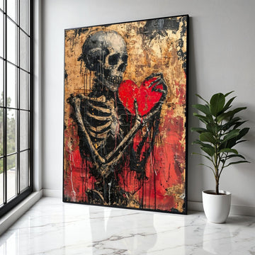 Dark Skeleton Holding Red Heart Canvas, Gothic Wall Art, Distressed Love Theme, Abstract Horror Decor, Edgy Home Gift Art, Home Decor, Print