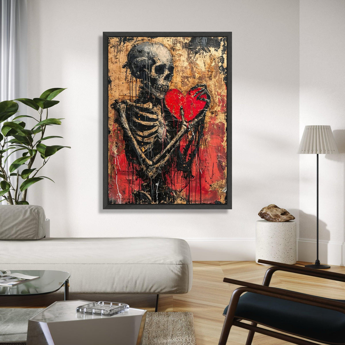 Dark Skeleton Holding Red Heart Canvas, Gothic Wall Art, Distressed Love Theme, Abstract Horror Decor, Edgy Home Gift Art, Home Decor, Print