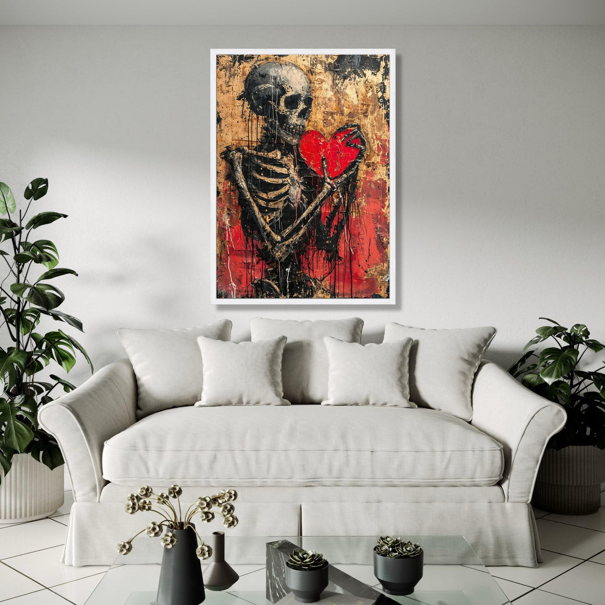 Dark Skeleton Holding Red Heart Canvas, Gothic Wall Art, Distressed Love Theme, Abstract Horror Decor, Edgy Home Gift Art, Home Decor, Print