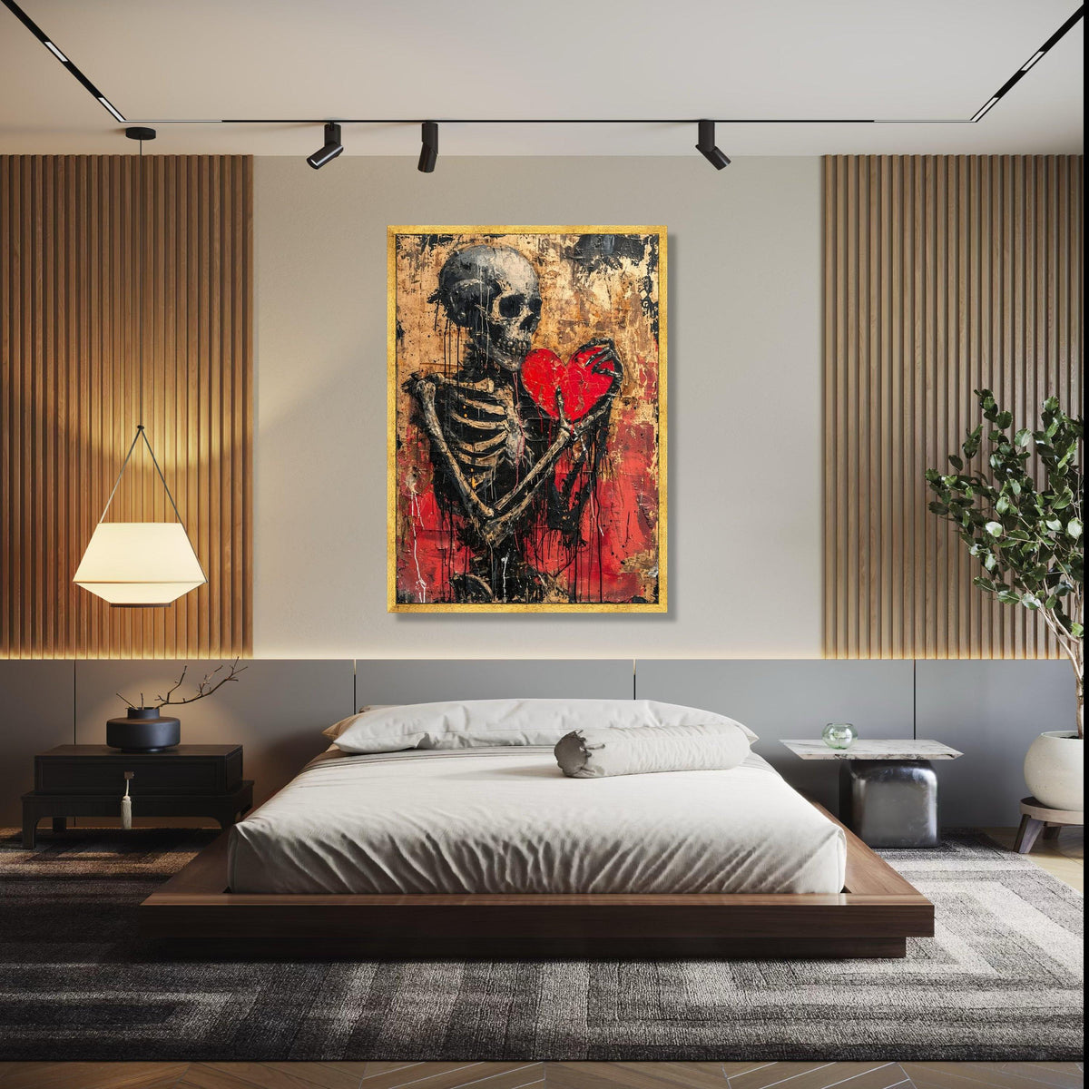 Dark Skeleton Holding Red Heart Canvas, Gothic Wall Art, Distressed Love Theme, Abstract Horror Decor, Edgy Home Gift Art, Home Decor, Print