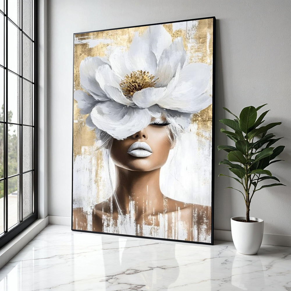 Elegant Woman Portrait Canvas, White Flower Headpiece Wall Art, Modern Feminine Decor, Abstract Beauty Canvas, Gift Art, Home Decor, Print